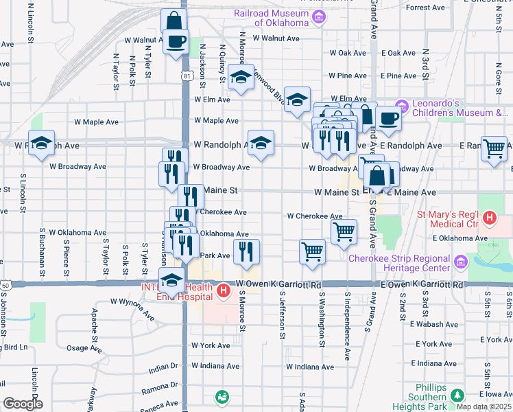 map of restaurants, bars, coffee shops, grocery stores, and more near 601 West Cherokee Avenue in Enid