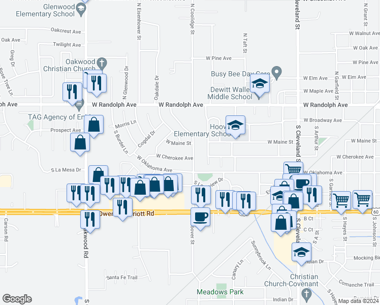 map of restaurants, bars, coffee shops, grocery stores, and more near 214 South Hoover Street in Enid