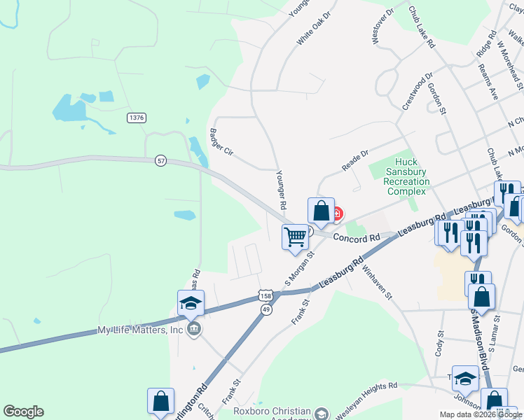map of restaurants, bars, coffee shops, grocery stores, and more near 245 Semora Road in Roxboro