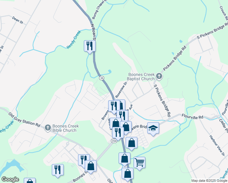 map of restaurants, bars, coffee shops, grocery stores, and more near 4833 North Roan Street in Johnson City