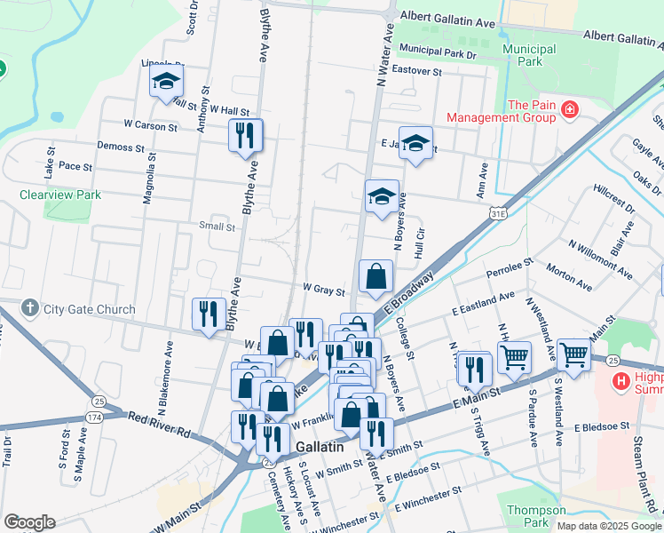 map of restaurants, bars, coffee shops, grocery stores, and more near 200 West Gray Street in Gallatin