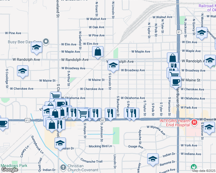 map of restaurants, bars, coffee shops, grocery stores, and more near 1802 West Cherokee Avenue in Enid