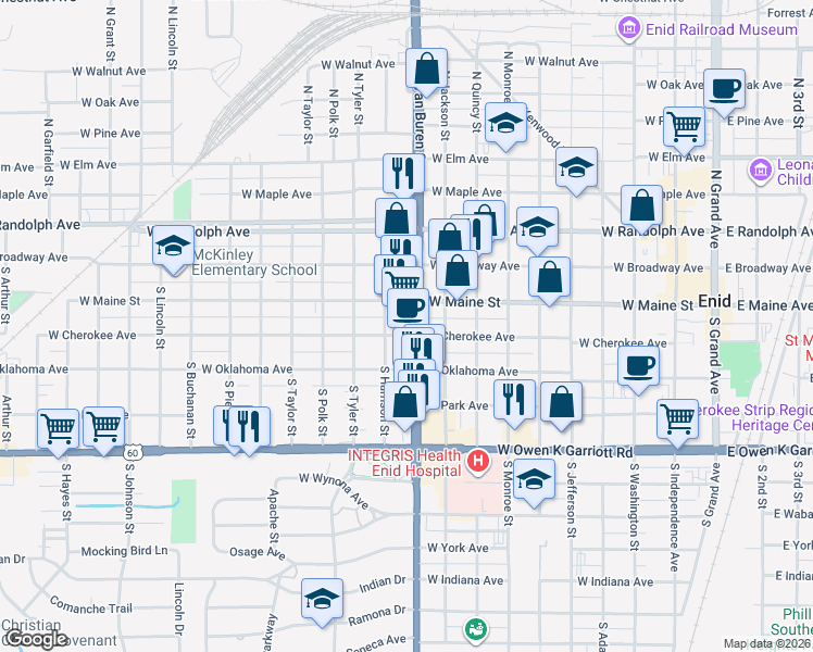 map of restaurants, bars, coffee shops, grocery stores, and more near 215 South Van Buren Street in Enid