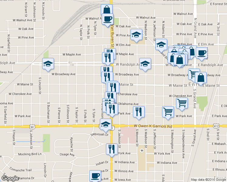 map of restaurants, bars, coffee shops, grocery stores, and more near 215 South Van Buren Street in Enid