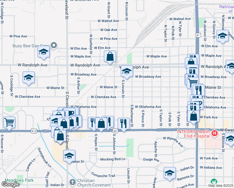 map of restaurants, bars, coffee shops, grocery stores, and more near 1802 West Cherokee Avenue in Enid