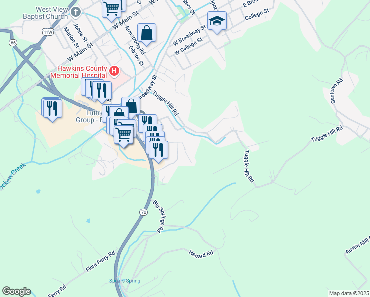 map of restaurants, bars, coffee shops, grocery stores, and more near 758 Vista Drive in Rogersville