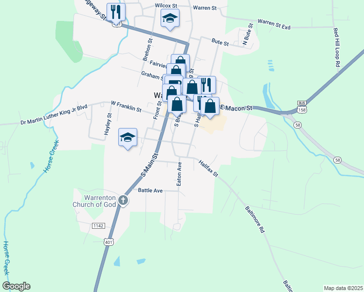 map of restaurants, bars, coffee shops, grocery stores, and more near 209 Plummer Street in Warrenton