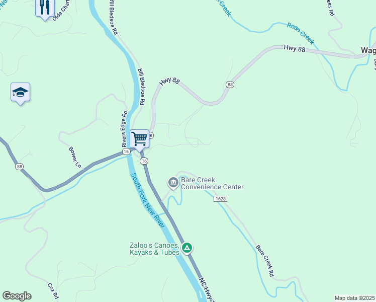 map of restaurants, bars, coffee shops, grocery stores, and more near 3341 North Carolina 16 in Jefferson