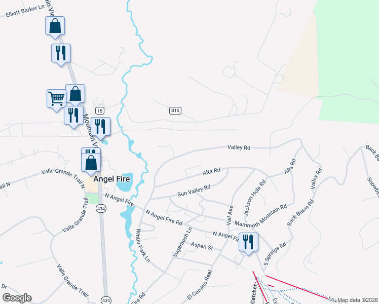 map of restaurants, bars, coffee shops, grocery stores, and more near Valley Road in Angel Fire