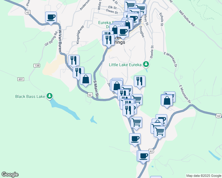 map of restaurants, bars, coffee shops, grocery stores, and more near 3 Judah Street in Eureka Springs
