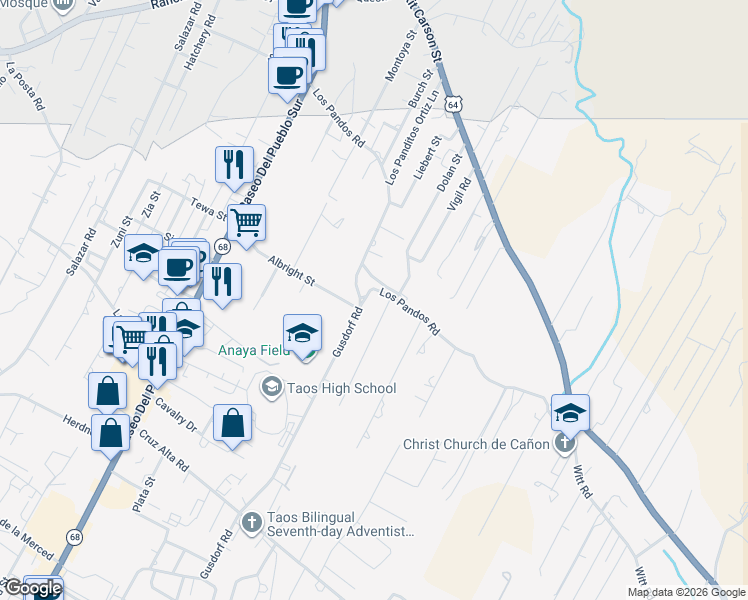 map of restaurants, bars, coffee shops, grocery stores, and more near 600-602 Coca Lane in Taos