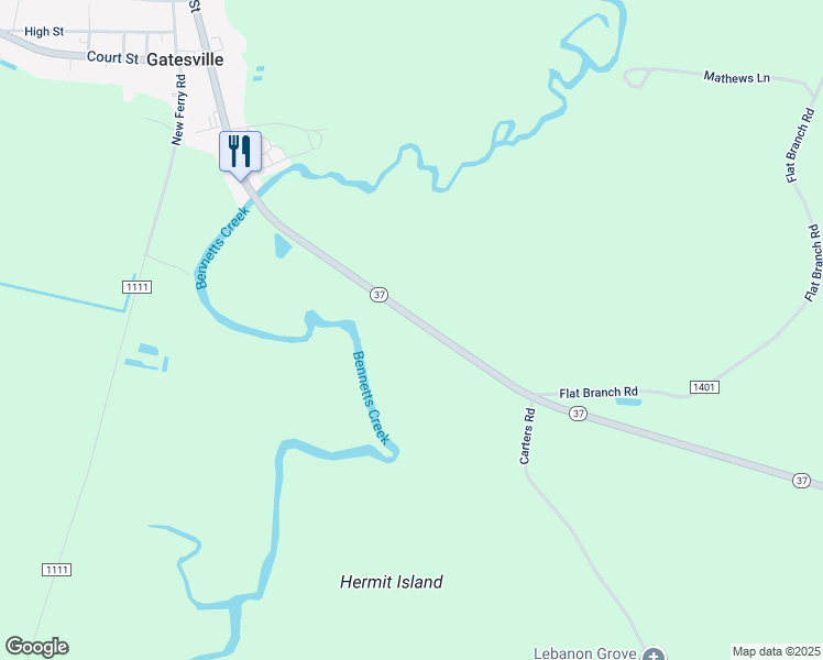 map of restaurants, bars, coffee shops, grocery stores, and more near 629 North Carolina 37 in Gatesville