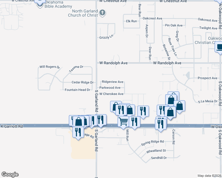 map of restaurants, bars, coffee shops, grocery stores, and more near 5114 West Cherokee Avenue in Enid