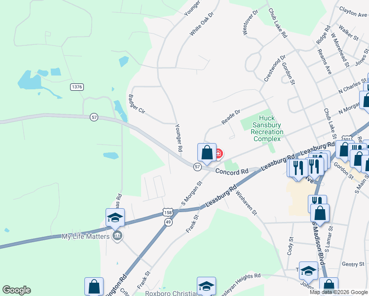 map of restaurants, bars, coffee shops, grocery stores, and more near 157 Semora Road in Roxboro