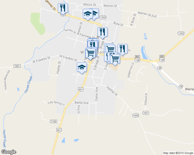 map of restaurants, bars, coffee shops, grocery stores, and more near 209 Plummer Street in Warrenton