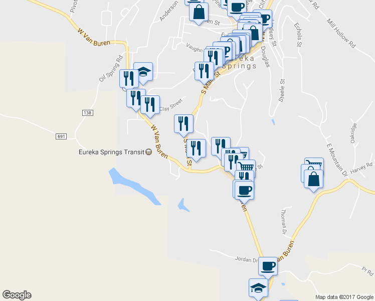 map of restaurants, bars, coffee shops, grocery stores, and more near 173 South Main Street in Eureka Springs