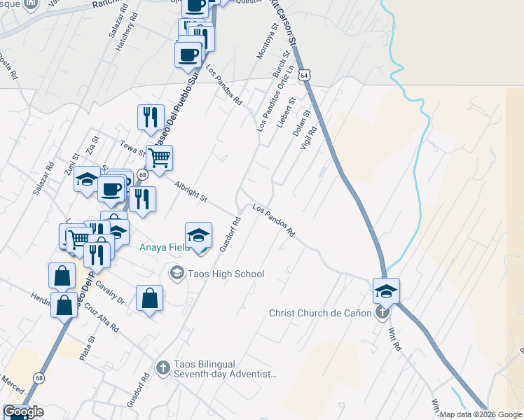 map of restaurants, bars, coffee shops, grocery stores, and more near 600 Coca Lane in Taos