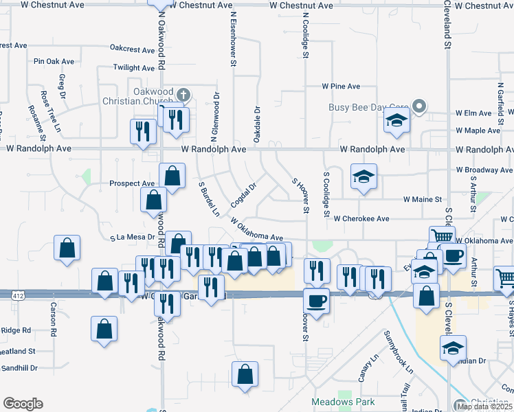 map of restaurants, bars, coffee shops, grocery stores, and more near 3418 Mayberry Street in Enid