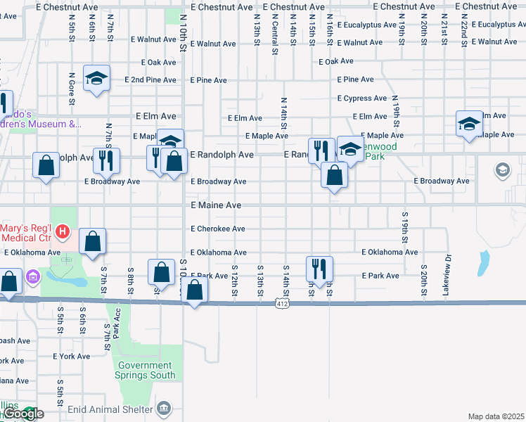 map of restaurants, bars, coffee shops, grocery stores, and more near 1301 East Maine Street in Enid