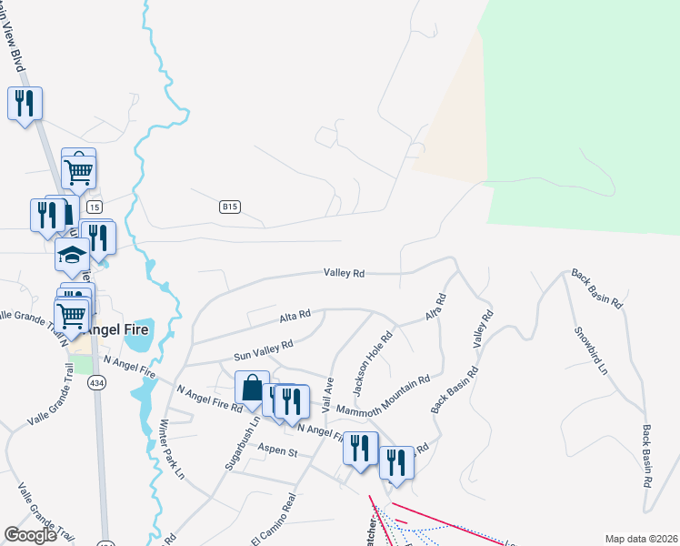 map of restaurants, bars, coffee shops, grocery stores, and more near Valley Road in Angel Fire