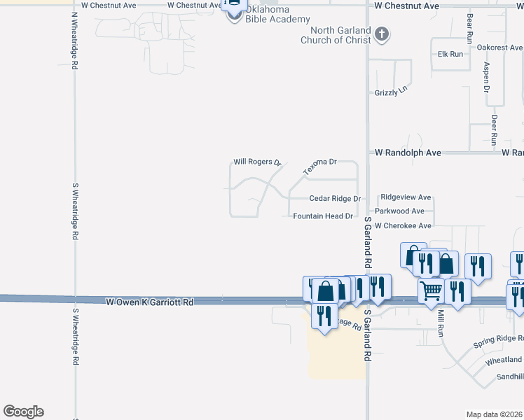 map of restaurants, bars, coffee shops, grocery stores, and more near 109 South Greenleaf Drive in Enid
