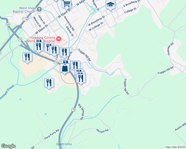 map of restaurants, bars, coffee shops, grocery stores, and more near 602 Tuggle Hill Road in Rogersville