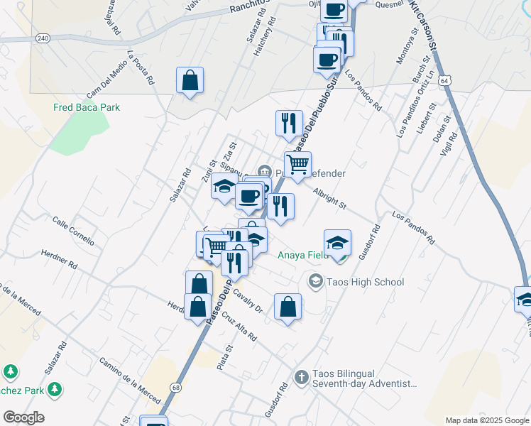 map of restaurants, bars, coffee shops, grocery stores, and more near 635 Paseo Del Pueblo Sur in Taos