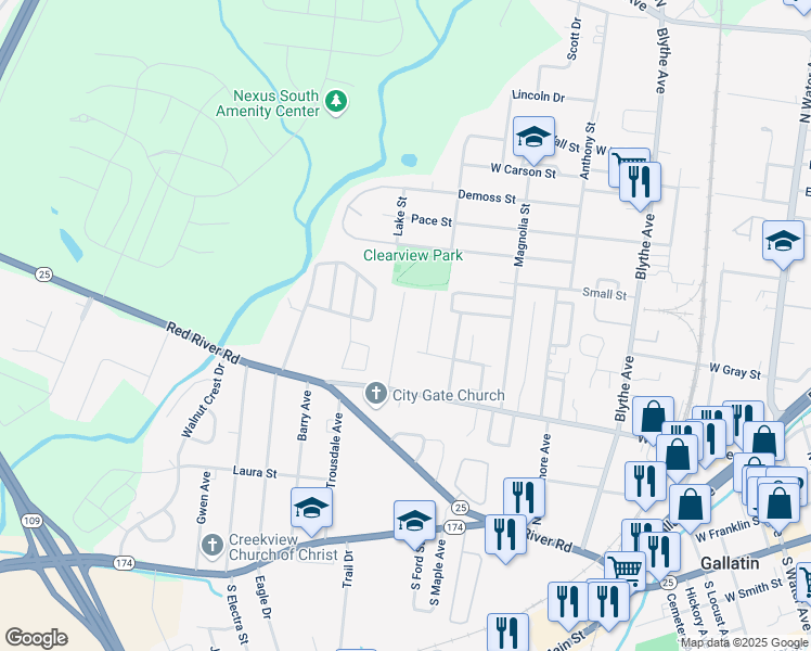map of restaurants, bars, coffee shops, grocery stores, and more near 343 Paradise Street in Gallatin