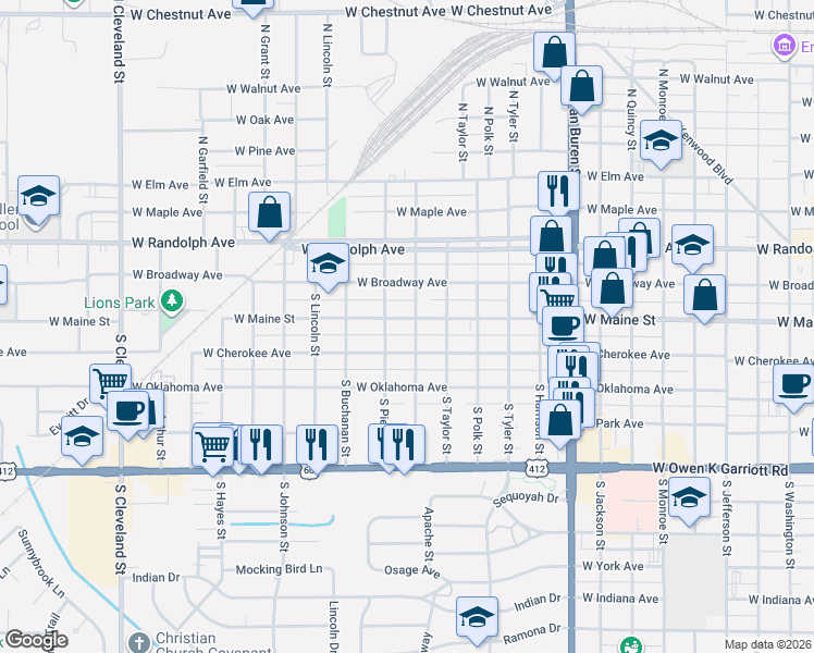 map of restaurants, bars, coffee shops, grocery stores, and more near 1424 West Maine Street in Enid