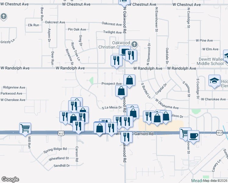map of restaurants, bars, coffee shops, grocery stores, and more near 205 South Rimrock Road in Enid