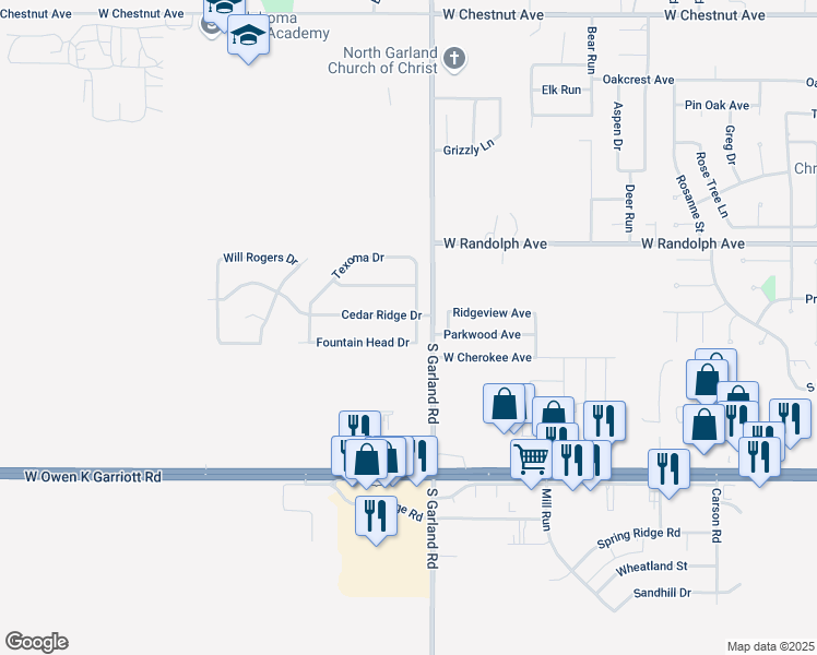 map of restaurants, bars, coffee shops, grocery stores, and more near 105 South Eufaula Drive in Enid