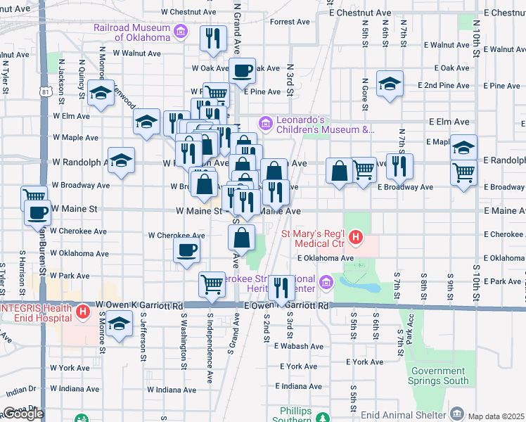 map of restaurants, bars, coffee shops, grocery stores, and more near 199 South 2nd Street in Enid