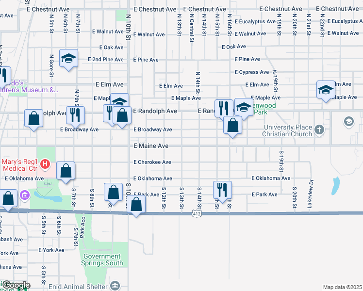 map of restaurants, bars, coffee shops, grocery stores, and more near 115 South 13th Street in Enid