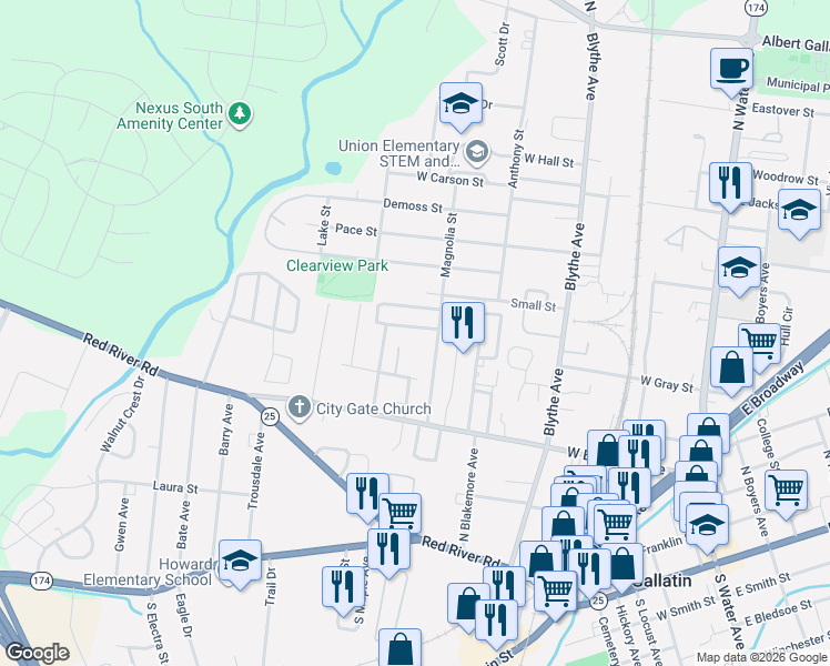map of restaurants, bars, coffee shops, grocery stores, and more near 562 Pemberton Street in Gallatin