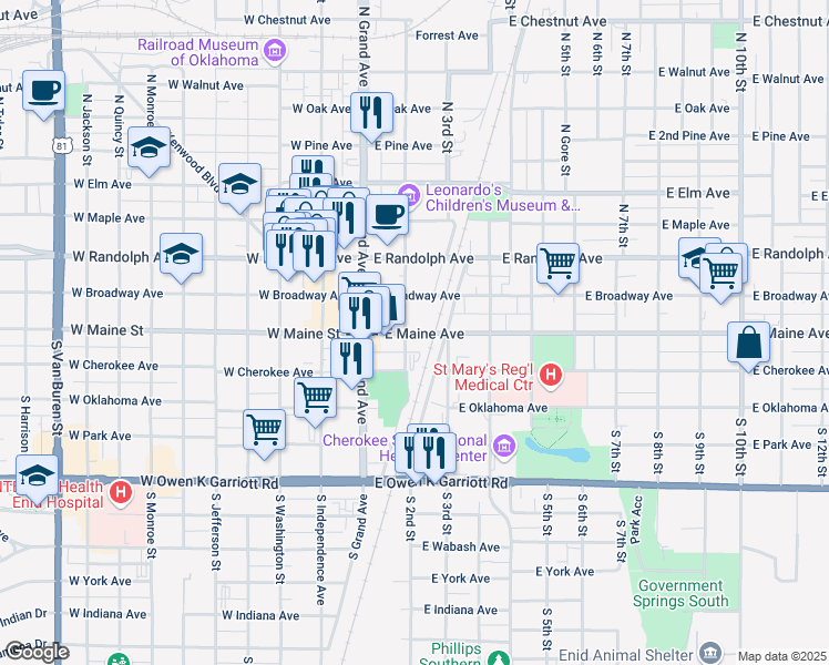 map of restaurants, bars, coffee shops, grocery stores, and more near 101-199 S 2nd St in Enid