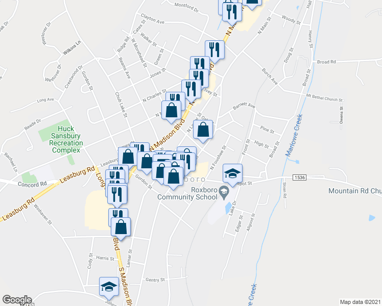 map of restaurants, bars, coffee shops, grocery stores, and more near 237 N Main St in Roxboro