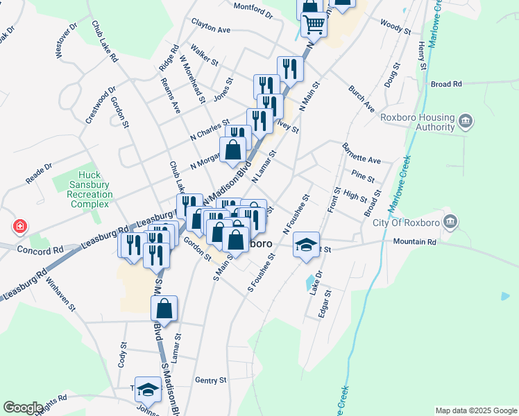 map of restaurants, bars, coffee shops, grocery stores, and more near 237 N Main St in Roxboro