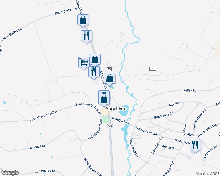 map of restaurants, bars, coffee shops, grocery stores, and more near 3400 Mountain View Boulevard in Angel Fire