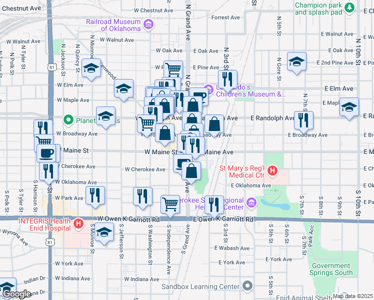 map of restaurants, bars, coffee shops, grocery stores, and more near in Enid