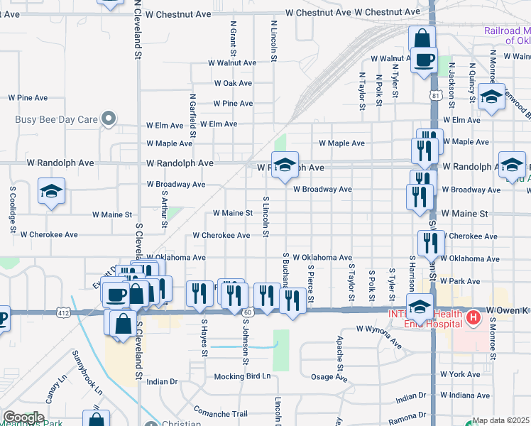 map of restaurants, bars, coffee shops, grocery stores, and more near 1806 West Maine Street in Enid