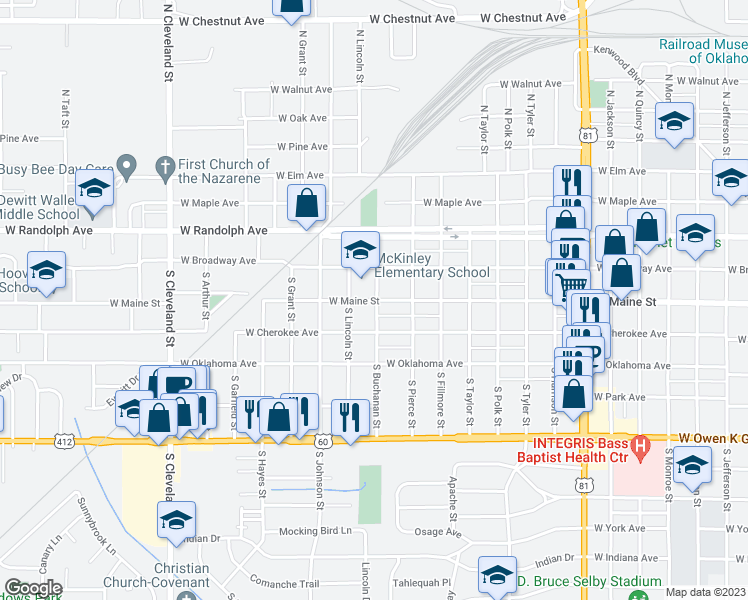 map of restaurants, bars, coffee shops, grocery stores, and more near 1708 West Maine Street in Enid