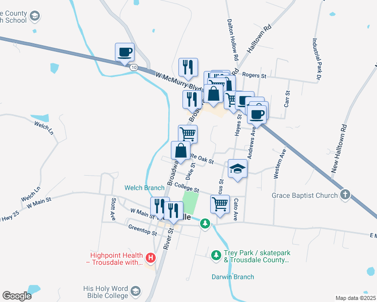 map of restaurants, bars, coffee shops, grocery stores, and more near 103 White Oak Street in Hartsville