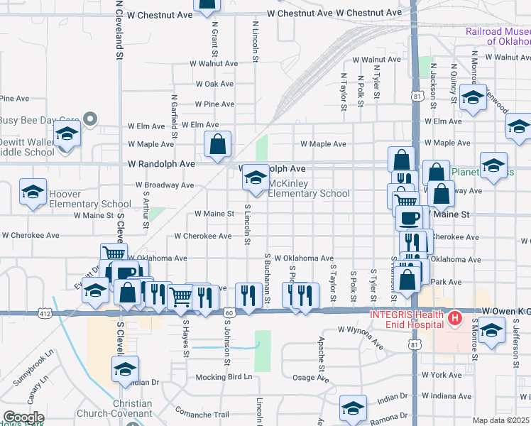 map of restaurants, bars, coffee shops, grocery stores, and more near 1708 West Maine Street in Enid