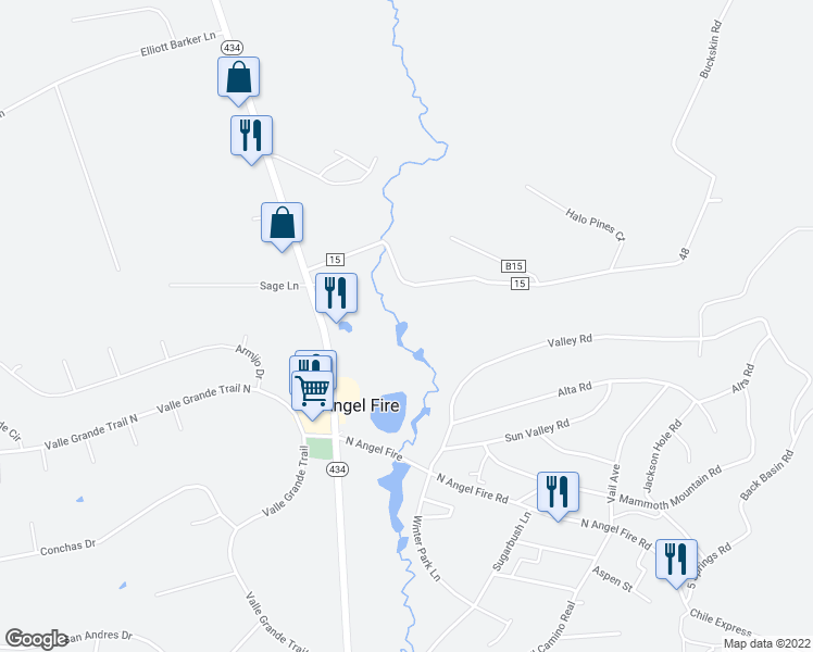 map of restaurants, bars, coffee shops, grocery stores, and more near 3400 -F Mountain View Boulevard in Angel Fire