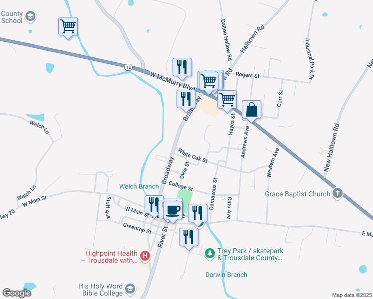 map of restaurants, bars, coffee shops, grocery stores, and more near 103 White Oak Street in Hartsville