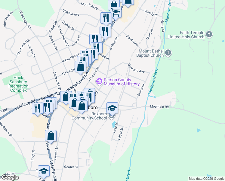 map of restaurants, bars, coffee shops, grocery stores, and more near 309-201 North Foushee Street in Roxboro