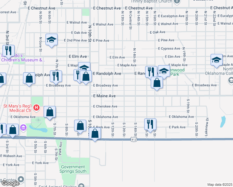 map of restaurants, bars, coffee shops, grocery stores, and more near 1212 East Maine Avenue in Enid