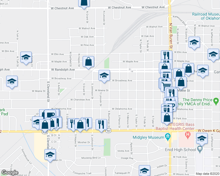 map of restaurants, bars, coffee shops, grocery stores, and more near 1630 West Maine Street in Enid