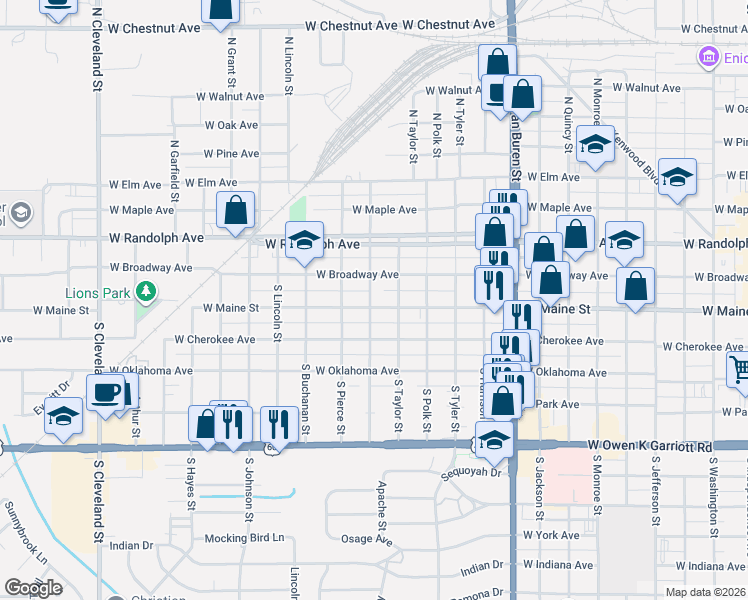 map of restaurants, bars, coffee shops, grocery stores, and more near 1424 West Maine Street in Enid