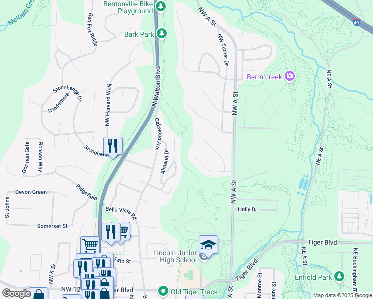 map of restaurants, bars, coffee shops, grocery stores, and more near 318 Northwest Lasalle Drive in Bentonville